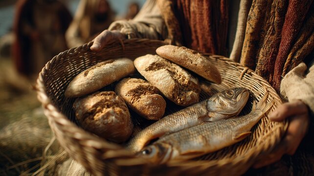 Person holding woven basket of bread loaves and fish, symbolizing biblical miracle and abundant provision