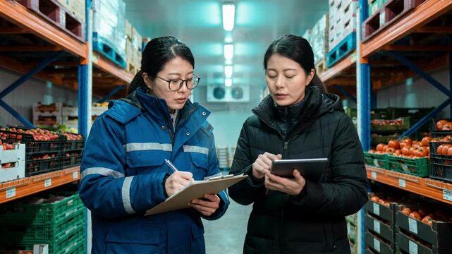 Two asian female warehouse workers checking inventory with a tablet and clipboard in a cold storage food facility symbolizing logistics management and supply chain teamwork concept