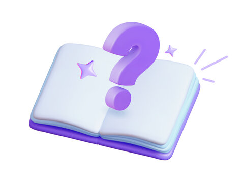 3d vector open book with floating question mark for education. Minimalist help symbol for magic faq support and learning web interface design.