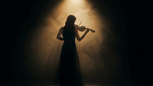 Silhouette of a female violinist playing a classical melody under a dramatic spotlight with smoke symbolizing artistic talent and musical passion in a concert performance concept