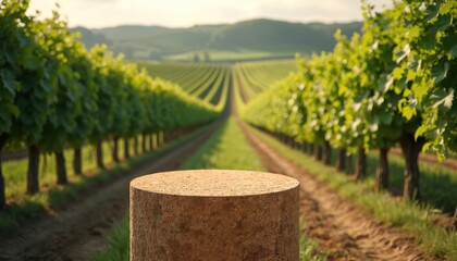 Naklejka premium Cork podium sits in vineyard row. Green grape vines stretch to horizon. Rustic display for wine or product presentation. Rural agriculture landscape backdrop.