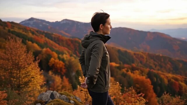 Woman contemplating autumn mountain vista solo trekking journey scenic carpathian mountain range at sunset peaceful outdoor exploration