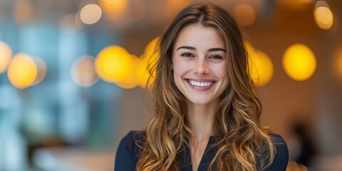 Fototapeta premium Close-up portrait of smiling young businesswoman in office with warm golden bokeh background lights, concept for corporate branding, professional presentation materials and employee wellness programs