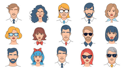 Set of fifteen diverse male and female character avatars wearing different hairstyles, accessories, and professional attire.