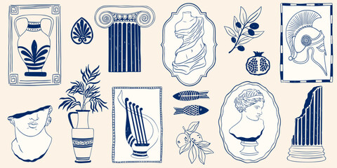 Plakat Hand drawn Greek Mediterranean ancient set. Vintage ink frames with mythology bohemian silhouette, antique vase, column sign, sculpture, emblem. Vector Santorini sign, Greek print stamp