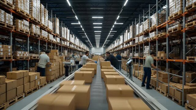 Warehouse staff efficiently packing boxes on conveyor belt amidst stacked shelves filled with cardboard containers viewed from the front