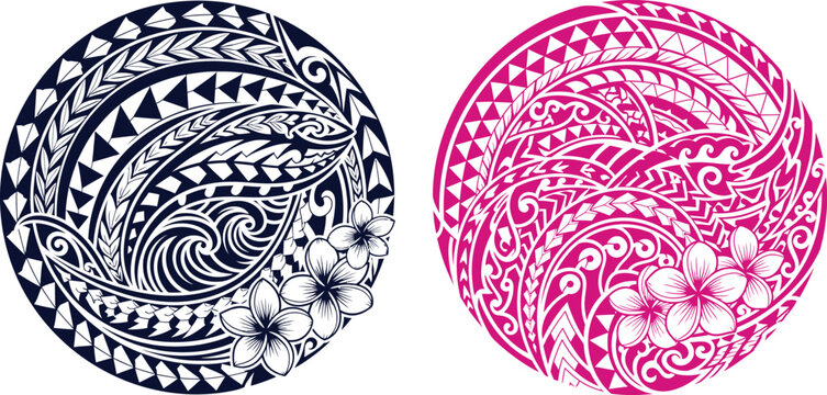 Intricate Polynesian tattoo style pattern featuring traditional motifs and tropical plumeria flowers in a circular shape