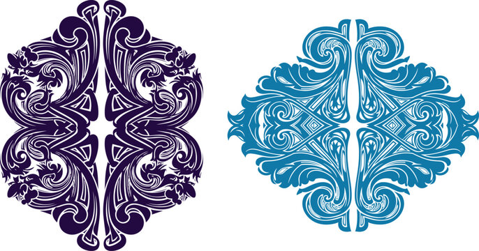 Intricate symmetrical ornate vector pattern featuring scrolling leaf motifs, perfect for elegant backgrounds or decorative borders
