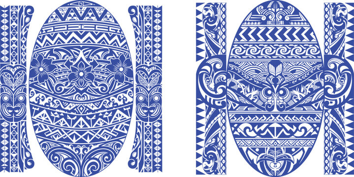 Intricate tribal pattern set featuring an oval shape with island flowers and traditional vertical border designs