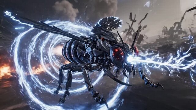 The menacing cybernetic wasp attacks, surrounded by a dramatic electric blue vortex in a dark sci-fi scene.