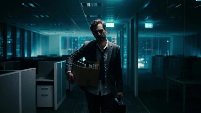 Sad fired office worker walking down a dark corridor carrying a box of personal belongings symbolizing job loss and uncertainty in a corporate downsizing or unemployment recession concept