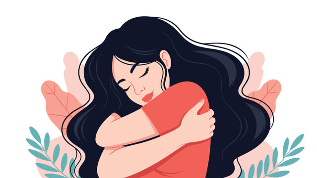 Young woman with long dark hair hugging herself with eyes closed, representing self love, mental health, and inner peace.