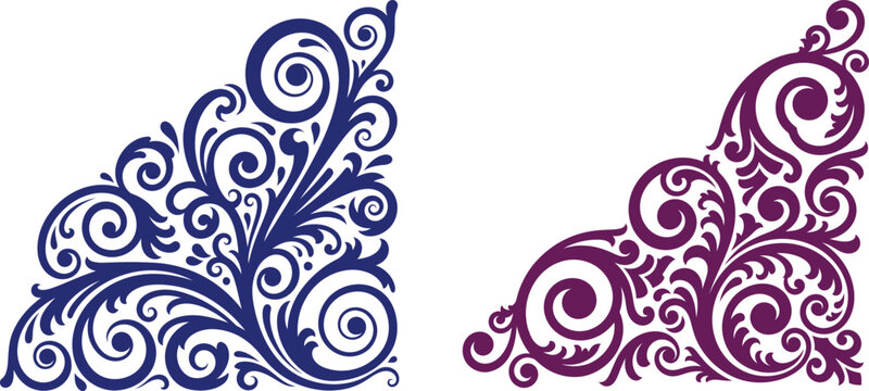 Ornate floral swirl decorative elements for corner frame borders with elegant classic leaf motifs
