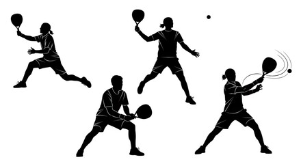 Tennis Players Action Silhouettes Set Isolated on White Background