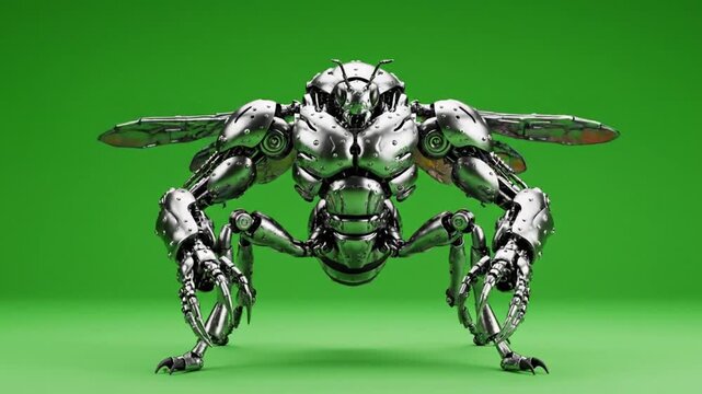 A menacing 3d rendered robotic wasp with silver chrome plating crouches aggressively on a bright green screen.