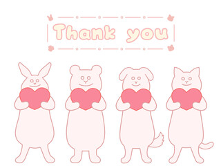 ハートを持ったウサギ・クマ・イヌ・ネコの感謝を伝えるイラスト　Thank you　ピンク
