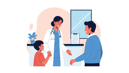 Friendly female pediatrician welcoming a father and his young son into her medical office for a routine health checkup.