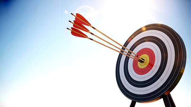 Archery Target Board with Arrows at Sunset, Business Goal Success Concept Stock Photo
