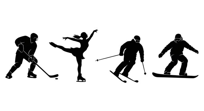 Figure Skater and Skier Silhouette Set Isolated on White Background