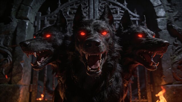 Three-headed hellhound Cerberus guarding dark stone gate to underworld