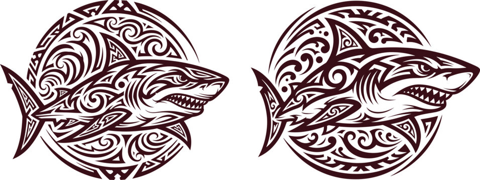 Powerful great white shark head illustrations integrated into circular tribal art patterns