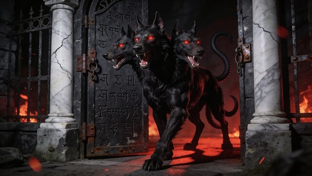 Legendary three-headed dog Cerberus protecting gates of Hades