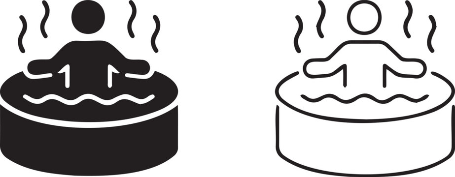 Vector icon set depicting a person relaxing in a steaming hot tub or jacuzzi, presented in both solid black fill and outline styles, isolated on a transparent background.