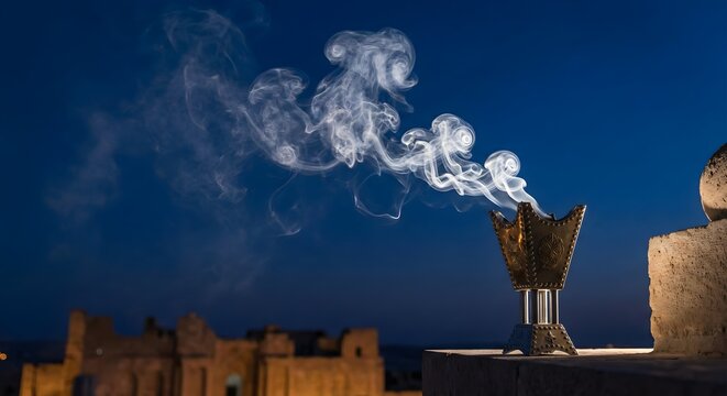 Bakhoor Incense Burner with Smoke Against Blue Night Sky Background