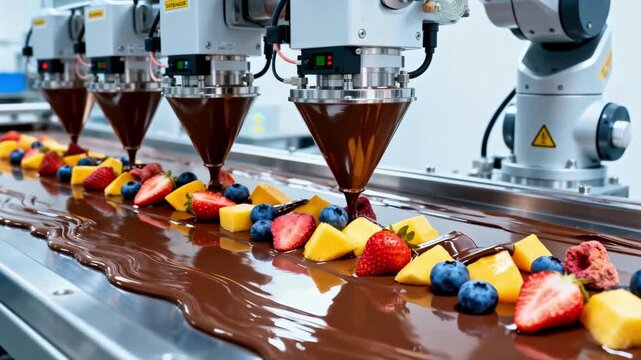 Medium shot capturing freezedried fruit pieces being accurately weighed and integrated into a continuous chocolate flow by intelligent dosing systems.