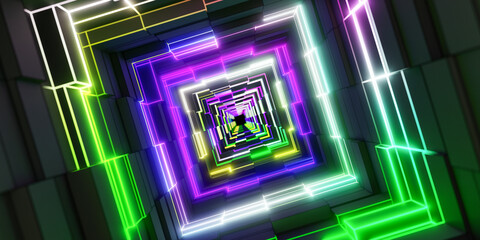 Fototapeta premium colorful neon light square tunnel abstract background futuristic gaming corridor perspective infinite glowing geometric frame loop passage design 3d illustration