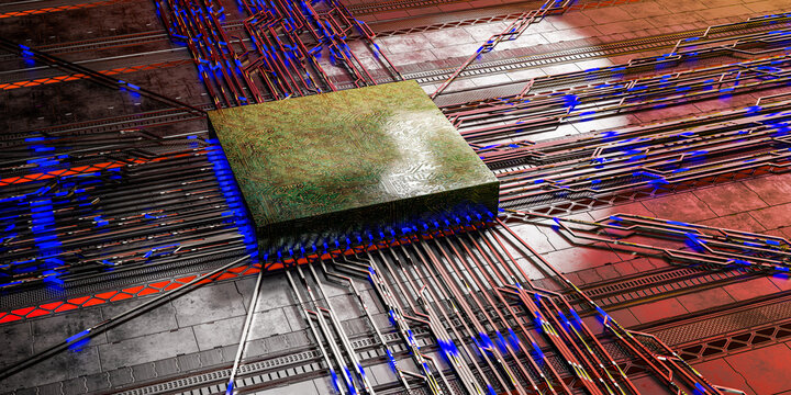 computer processor chip on motherboard with red and blue neon lights futuristic technology hardware circuit board electronic data system 3d illustration