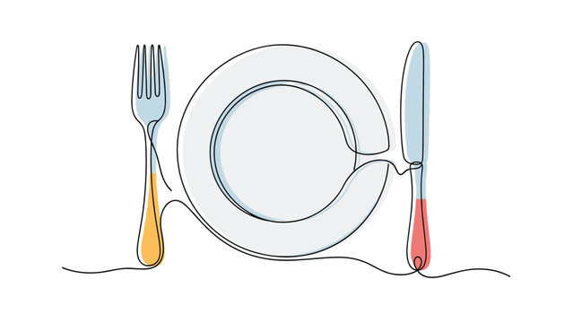 Continuous line drawing of dining set with plate, fork, and knife featuring orange and red colored handles on white background.