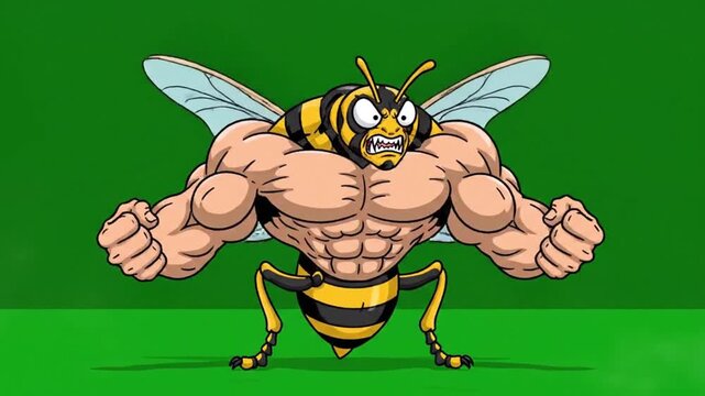 Aggressive cartoon wasp character flexing massive human muscles in a bold digital illustration on green.