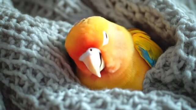 Adorable yellow and orange lovebird snuggling in a warm gray blanket, yawning and closing its eyes