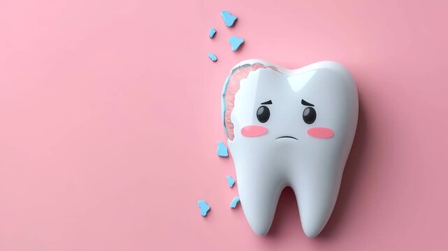 Sad cartoon teeth with caries breaking apart, symbolizing decay and poor dental hygiene