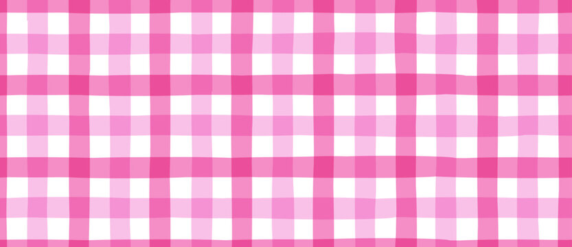Seamless pink vichy plaid with hand‑drawn doodle check texture, soft tartan checker pattern for baby fabric, textile design, packaging and playful Y2K‑inspired prints