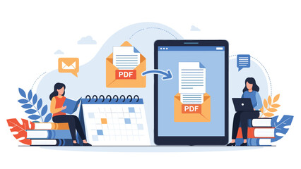 Women working with digital documents and transferring a PDF file into an envelope on a large mobile tablet computer.