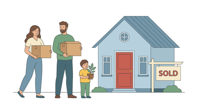 Happy family moving into a new home, standing with boxes near house and sold sign, flat vector illustration
