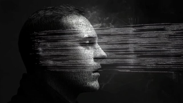Man's profile with digital code texture exhaling a stream of data in a futuristic concept