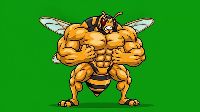 An aggressive, muscular cartoon wasp illustration is flexing its biceps, isolated on a bright green chroma key background.