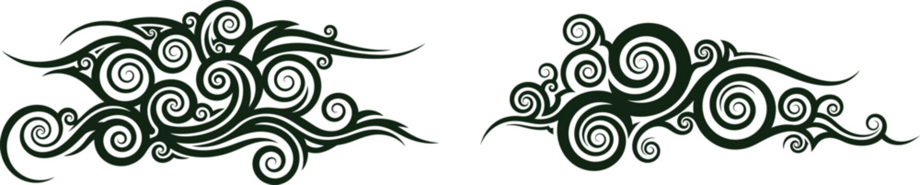 Stylized cloud and wave border vector illustrations with intricate swirling patterns and decorative elements