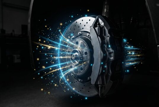 Brake caliper engaging on a disc with dynamic blue and gold light trails visualizing power regeneration.