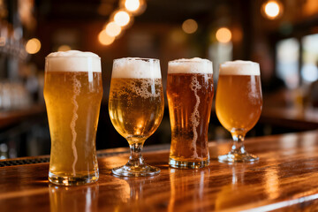 Craft Beer Flight: A close-up showcases a quartet of diverse craft beers, each elegantly presented in its own unique glass, ready for tasting.
