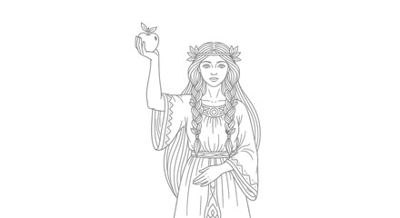 Obraz premium Mythological Woman with Apple and Laurel Wreath, Ancient Goddess, Line Art