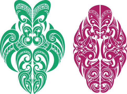 Stylized Polynesian tribal patterns featuring organic flowing lines and symmetrical mask like cultural motifs for decoration