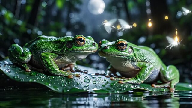Two green tree frogs sit on a dew-covered leaf at night. Fireflies glow around them in a mystical forest setting. Moonlit wildlife.