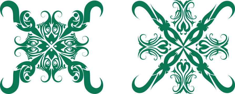 Stylized symmetrical tribal inspired designs with flowing curves and an elaborate crossover composition
