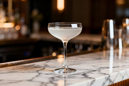 Cocktail on Marble: A stylish cocktail, expertly crafted and served in an elegant glass, sits atop a luxurious marble surface, against the backdrop of a classic bar.