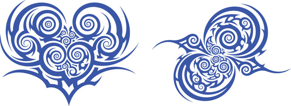 Stylized tribal heart and hummingbird patterns with flowing swirls for tattoo designs and graphic emblems