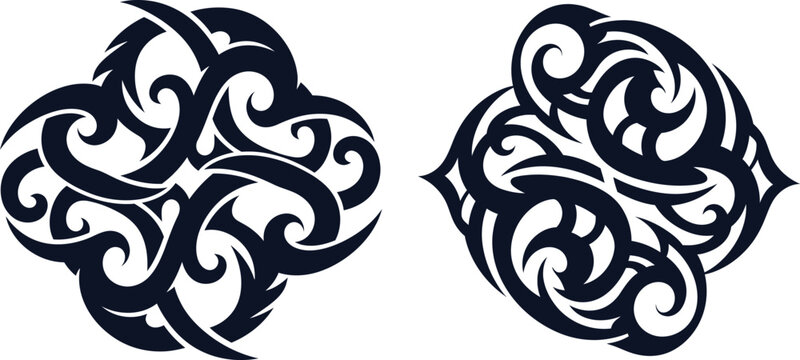 Stylized vector tribal patterns including a four petal flower inspired shape and a fluid rounded motif
